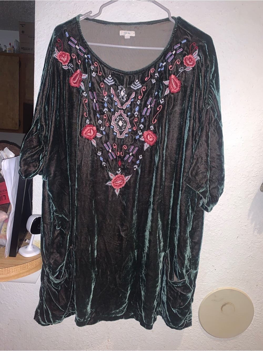 Embroidered Velvet Tunic Top in Dark Green